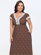 Micro-Floral Print Lace Trim Midi Dress