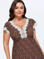 Micro-Floral Print Lace Trim Midi Dress