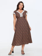 Micro-Floral Print Lace Trim Midi Dress