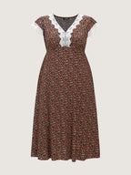 Micro-Floral Print Lace Trim Midi Dress