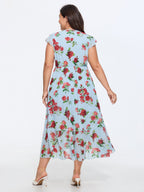 Floral Print Ruffled Neckline Flowy Midi Dress