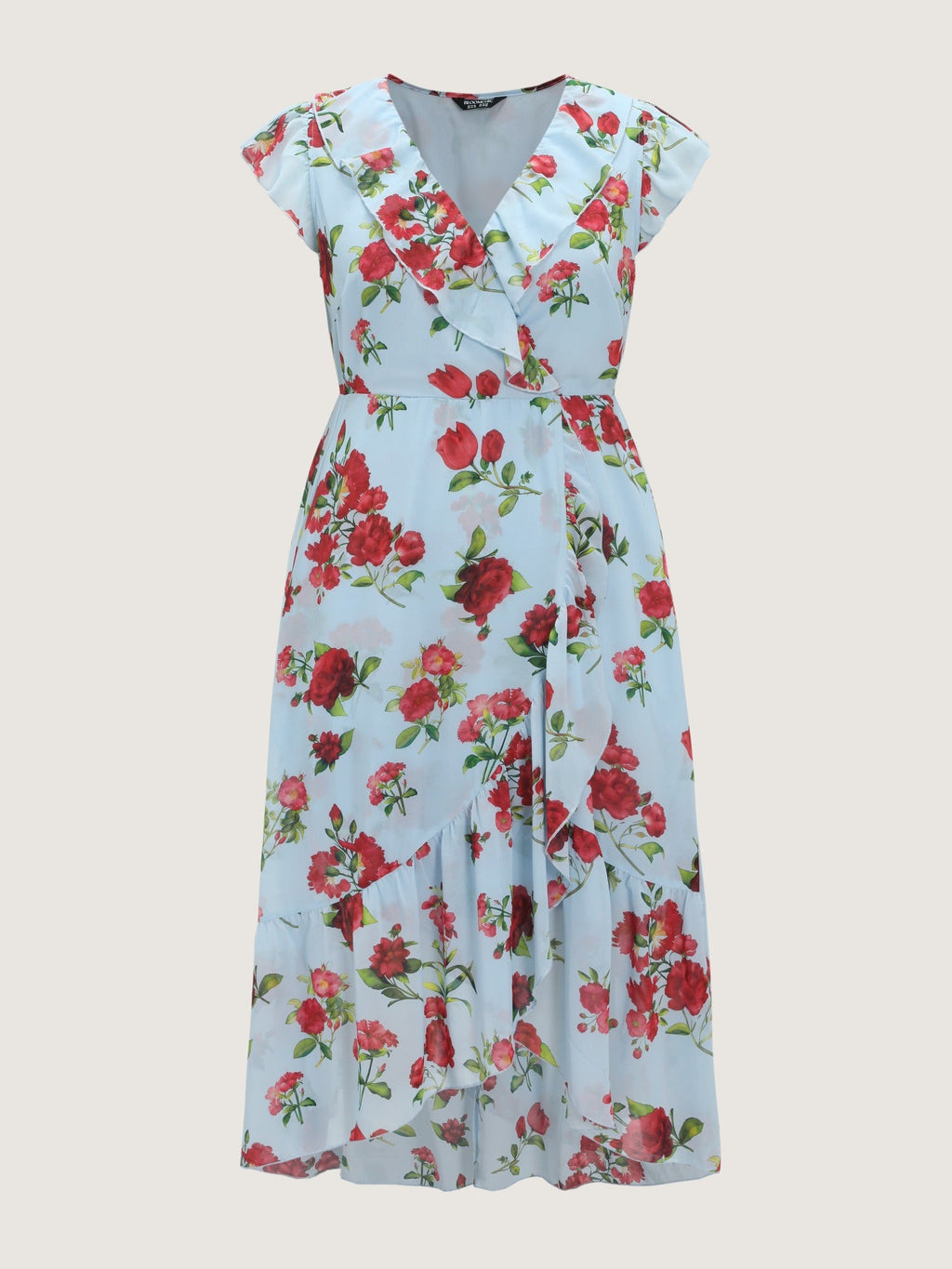 Floral Print Ruffled Neckline Flowy Midi Dress