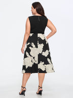 Floral Print Color Contrast Sleeveless Midi Dress