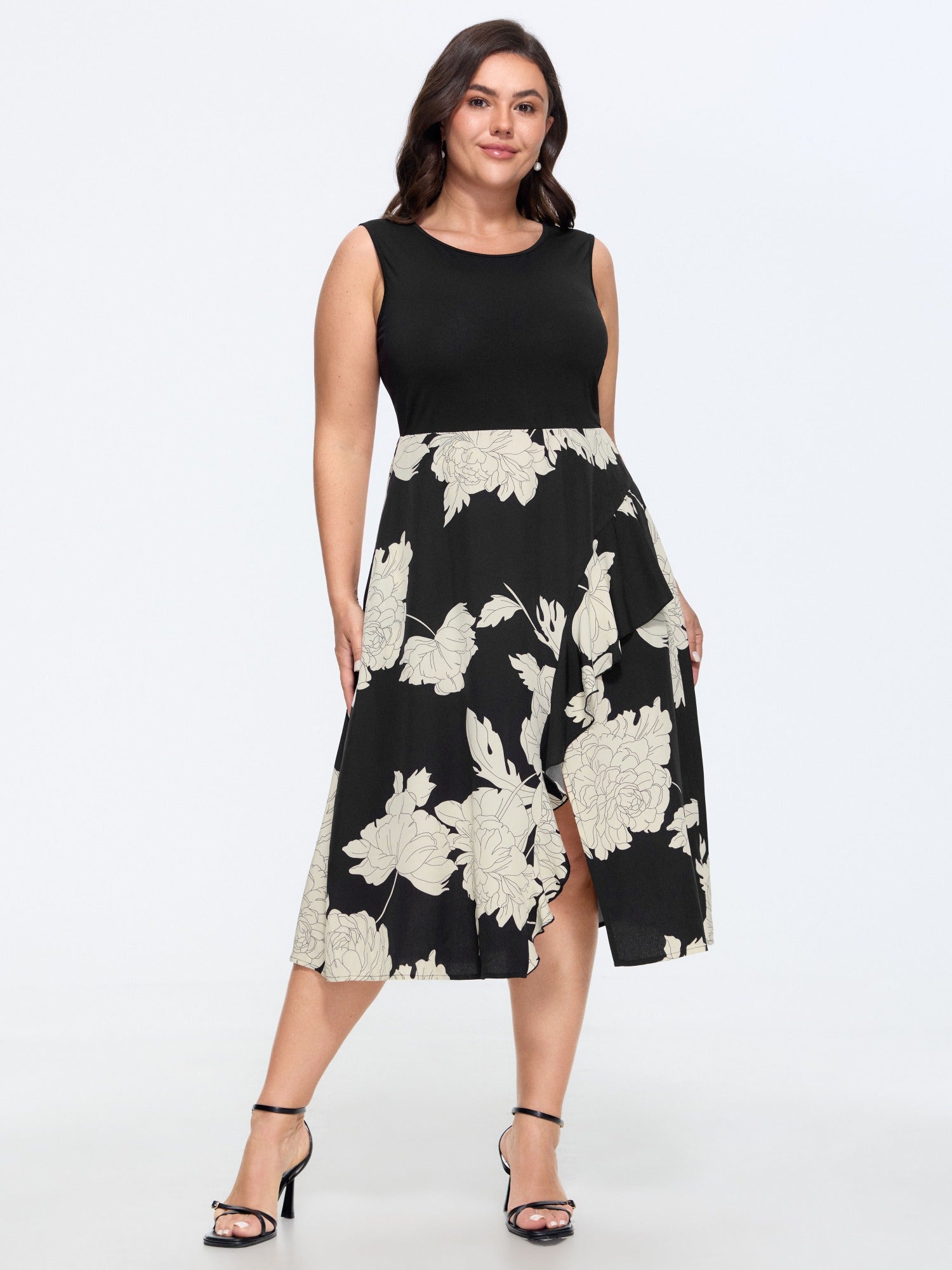 Floral Print Color Contrast Sleeveless Midi Dress