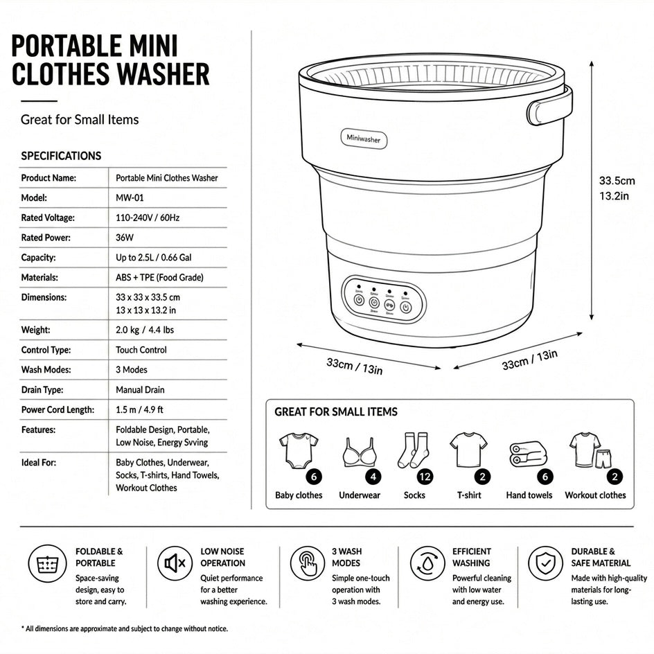 Foldable Washing Machine - 5 Wash Modes - Delicate Fabrics - 40dB - Compact & Portable