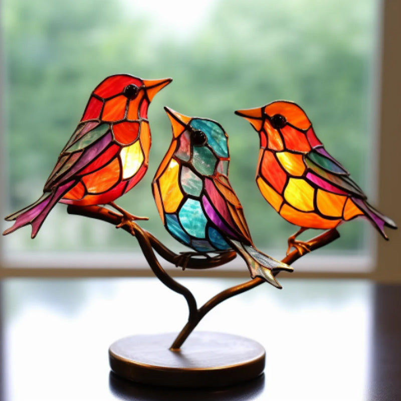 Delicate Stained Glass Birds On Branch Desktop Ornaments