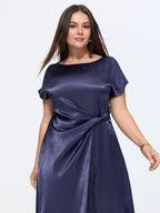 Sleek Satin Draped Waist Midi Dress