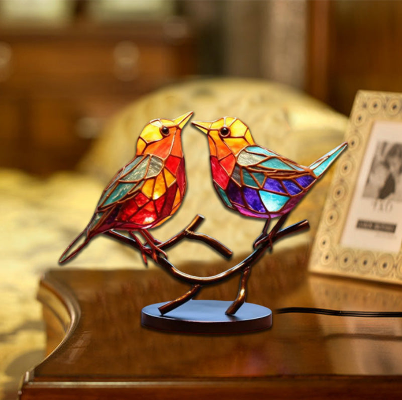 Delicate Stained Glass Birds On Branch Desktop Ornaments