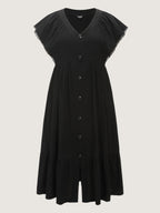 Cotton Button-Front Split Hem Midi Dress