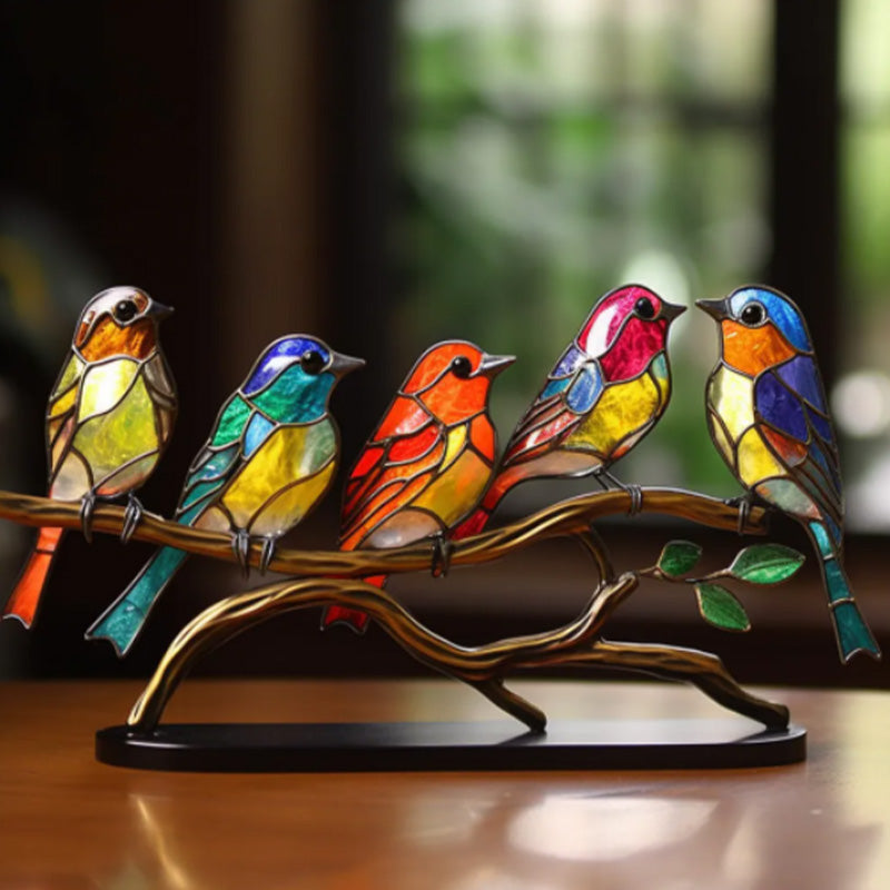 Delicate Stained Glass Birds On Branch Desktop Ornaments
