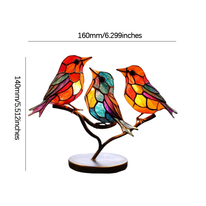 Delicate Stained Glass Birds On Branch Desktop Ornaments