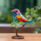 Delicate Stained Glass Birds On Branch Desktop Ornaments