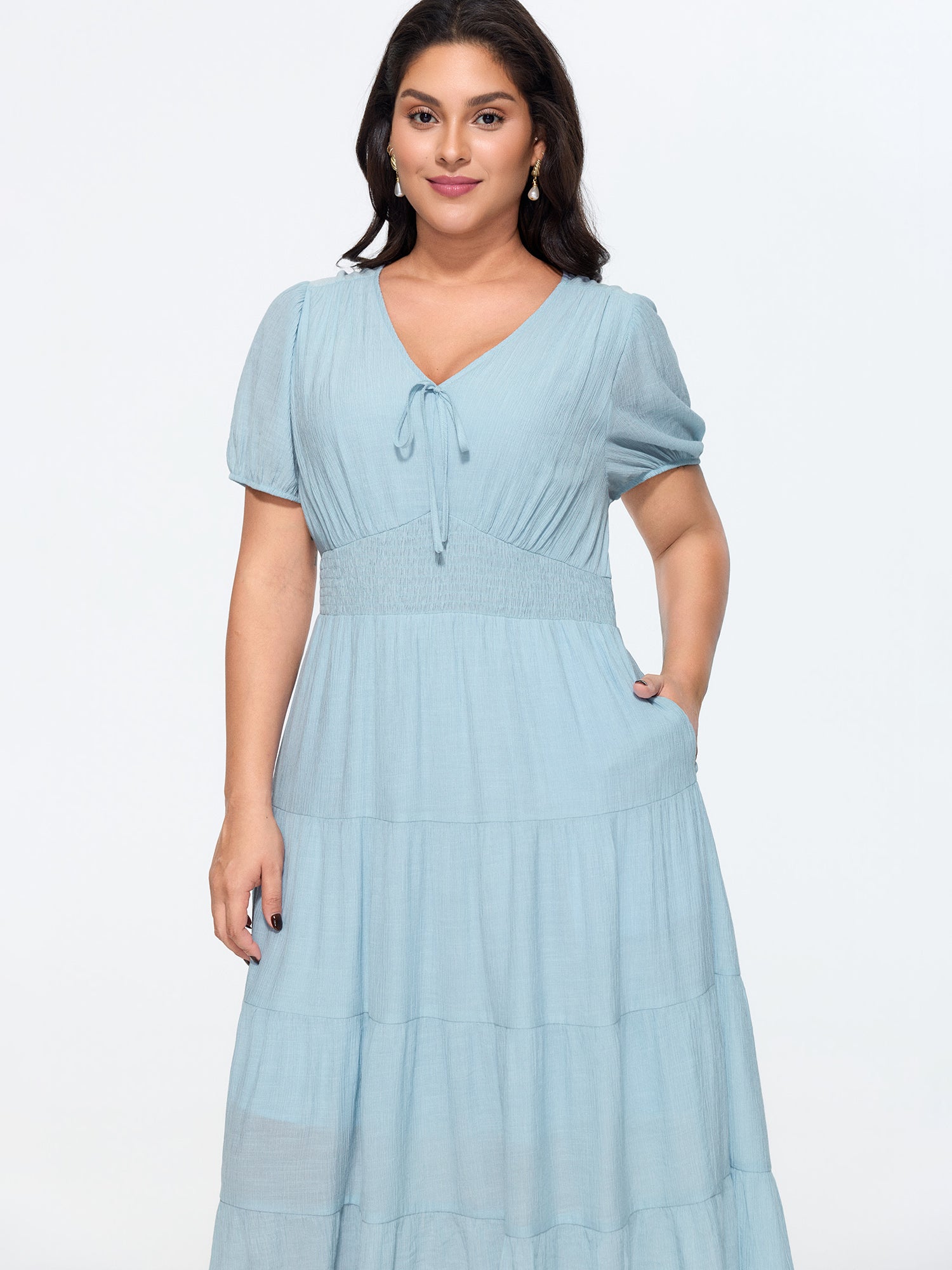 Shirred Waist Tiered Flowy Midi Dress