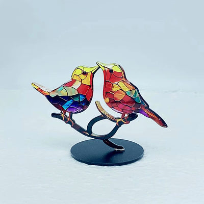 Delicate Stained Glass Birds On Branch Desktop Ornaments