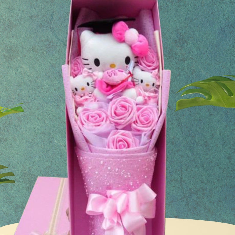 Hello Kitty Flowers Bouquet With Colorful Artificial Blooms And Hello Kitty Figurines