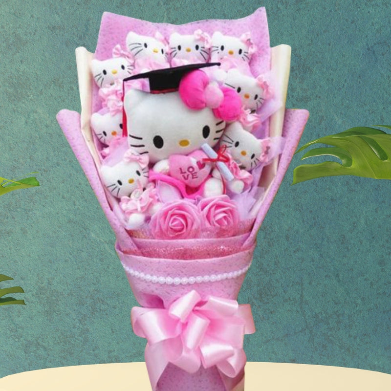 Hello Kitty Flowers Bouquet With Colorful Artificial Blooms And Hello Kitty Figurines
