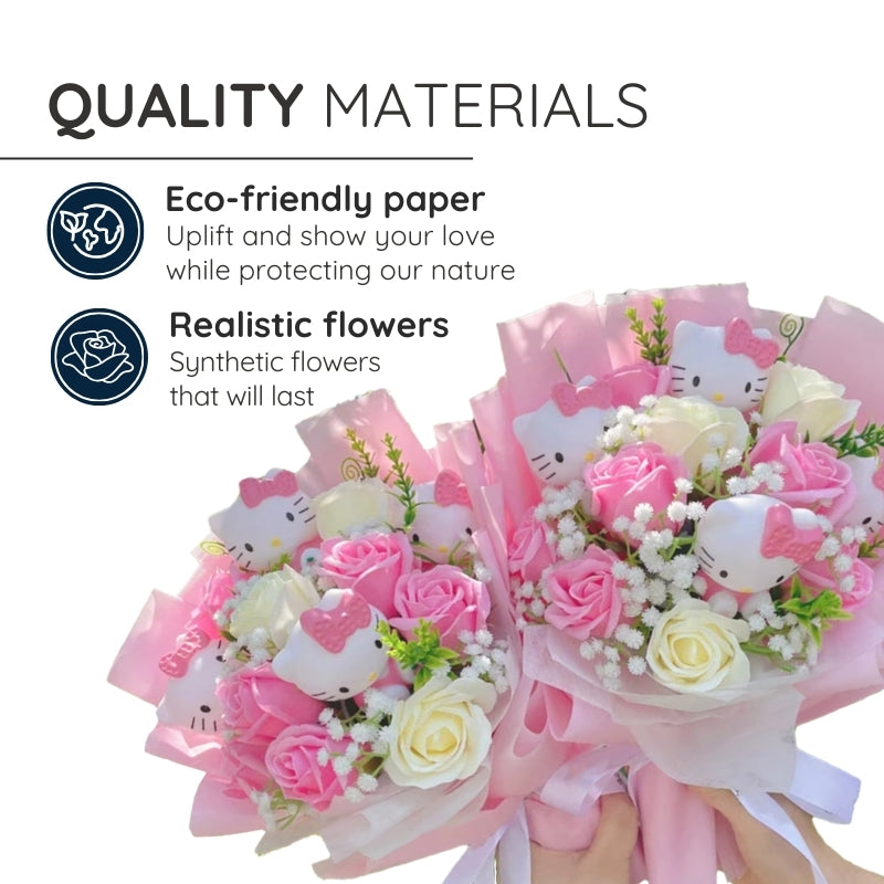 Hello Kitty Flowers Bouquet With Colorful Artificial Blooms And Hello Kitty Figurines