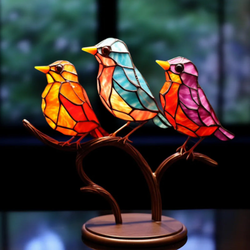 Delicate Stained Glass Birds On Branch Desktop Ornaments