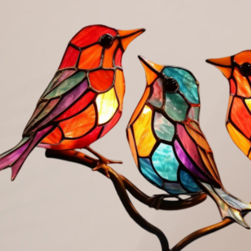 Delicate Stained Glass Birds On Branch Desktop Ornaments