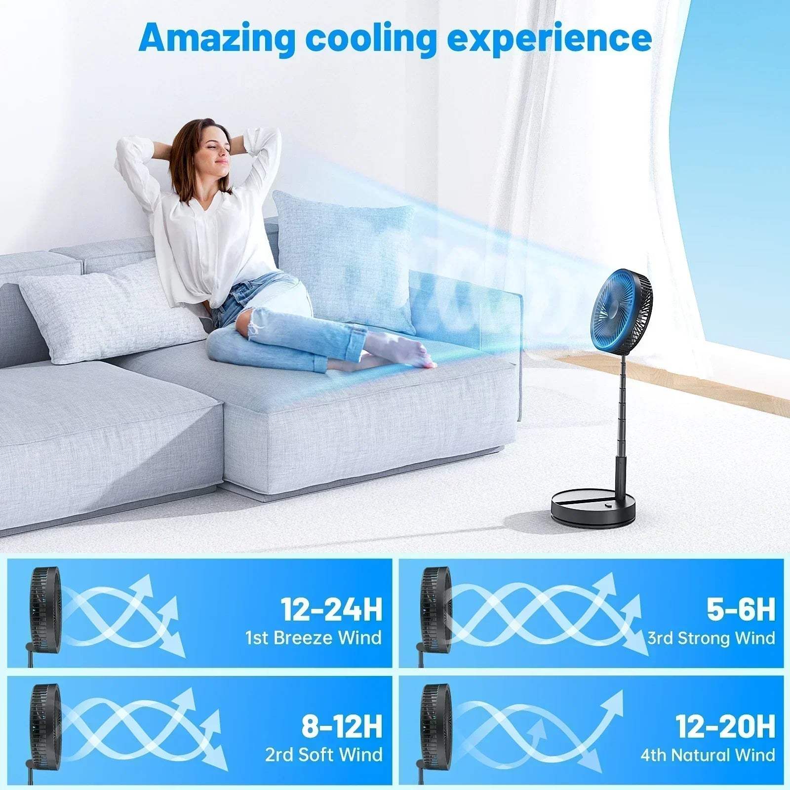 Foldable Rechargeable Floor Fan with 7200mAh Battery and Remote, 4 Speeds