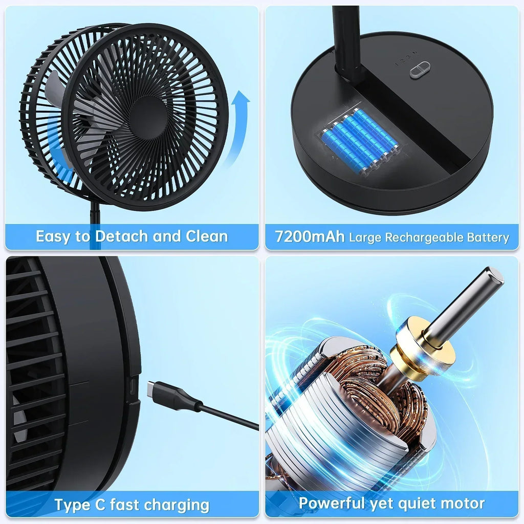 Foldable Rechargeable Floor Fan with 7200mAh Battery and Remote, 4 Speeds