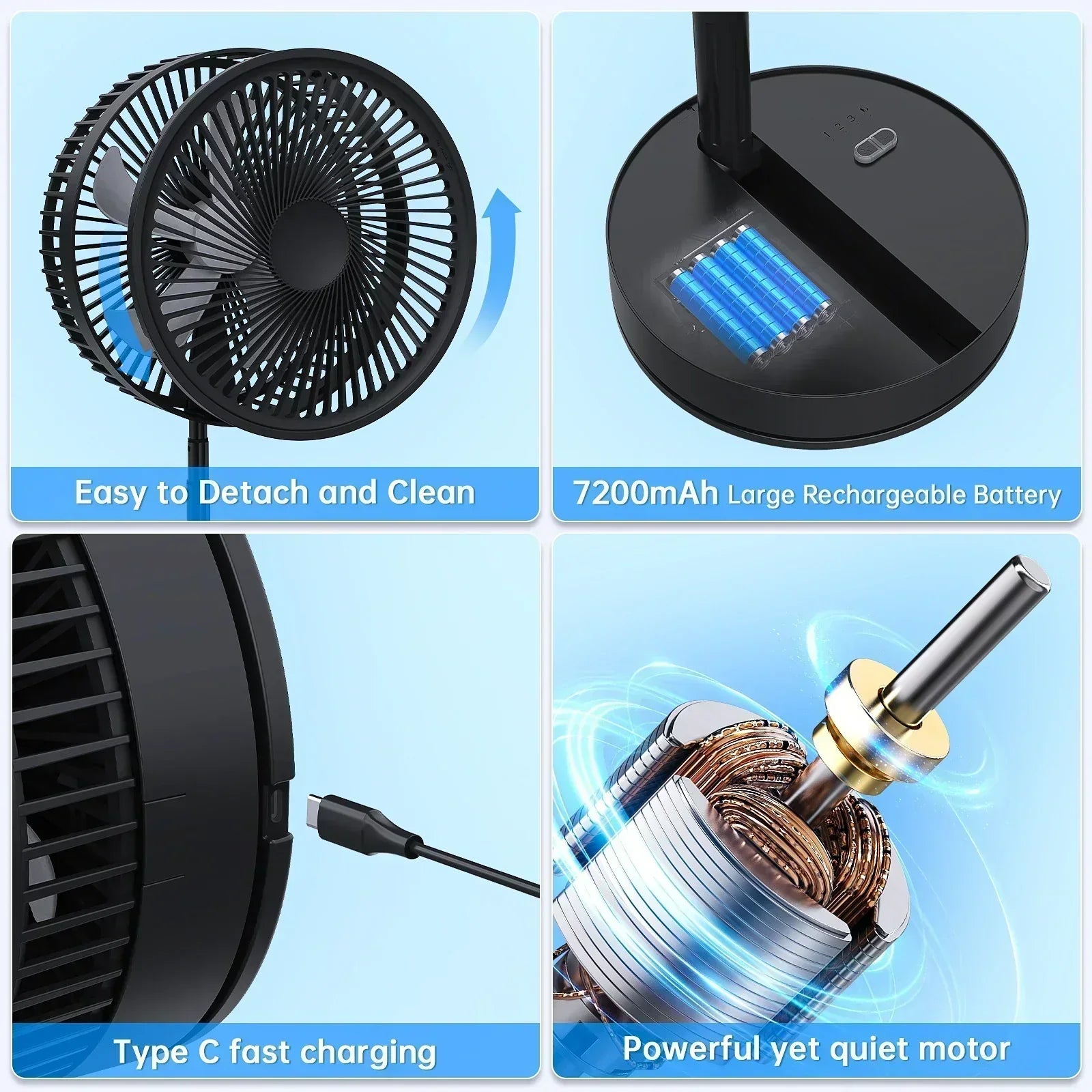 Foldable Rechargeable Floor Fan with 7200mAh Battery and Remote, 4 Speeds