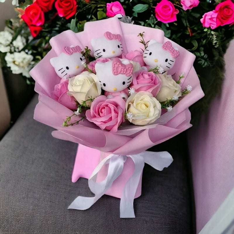 Hello Kitty Flowers Bouquet With Colorful Artificial Blooms And Hello Kitty Figurines
