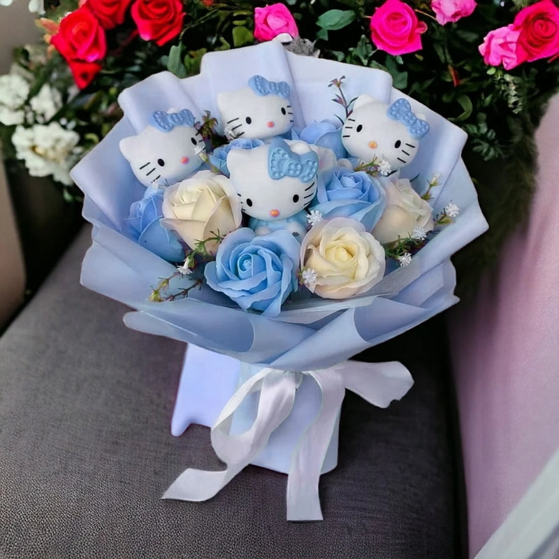 Hello Kitty Flowers Bouquet With Colorful Artificial Blooms And Hello Kitty Figurines