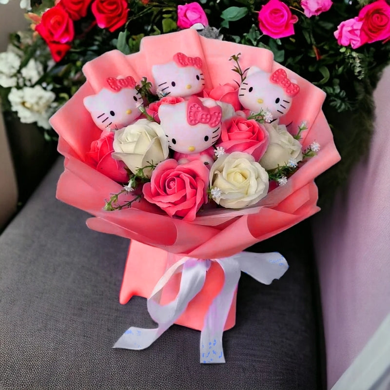 Hello Kitty Flowers Bouquet With Colorful Artificial Blooms And Hello Kitty Figurines