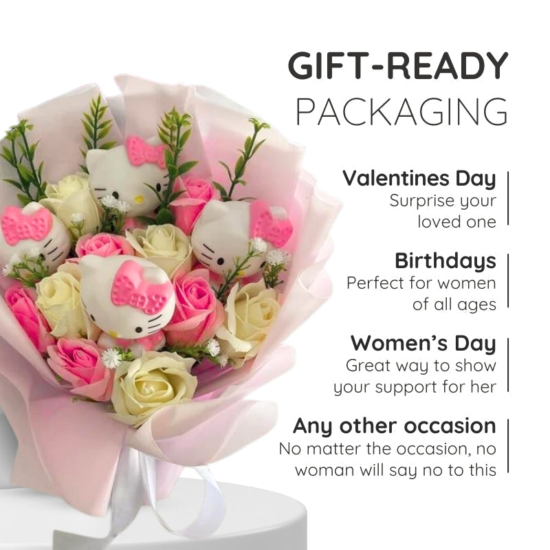 Hello Kitty Flowers Bouquet With Colorful Artificial Blooms And Hello Kitty Figurines