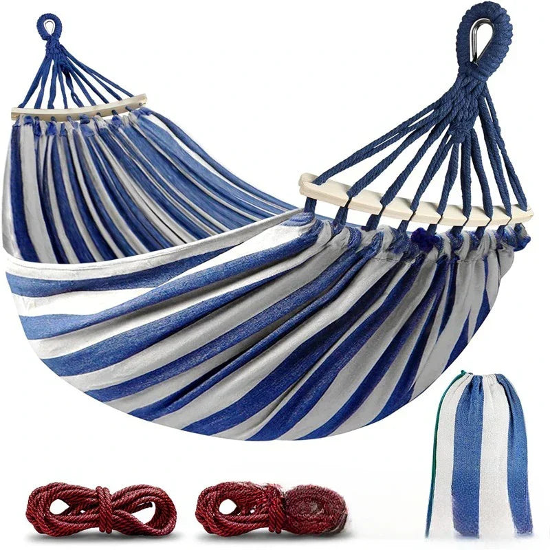 Double Hammock - Canvas - Anti-Roll Wooden Spreader Bars - 220x150cm - Carry Bag - Blue & Red