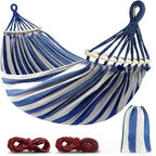 Double Hammock - Canvas - Anti-Roll Wooden Spreader Bars - 220x150cm - Carry Bag - Blue & Red