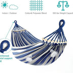 Double Hammock - Canvas - Anti-Roll Wooden Spreader Bars - 220x150cm - Carry Bag - Blue & Red
