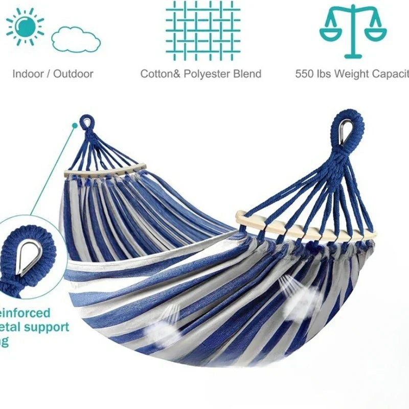 Double Hammock - Canvas - Anti-Roll Wooden Spreader Bars - 220x150cm - Carry Bag - Blue & Red