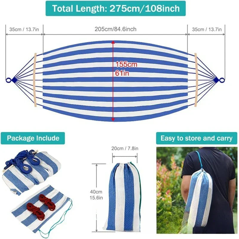 Double Hammock - Canvas - Anti-Roll Wooden Spreader Bars - 220x150cm - Carry Bag - Blue & Red