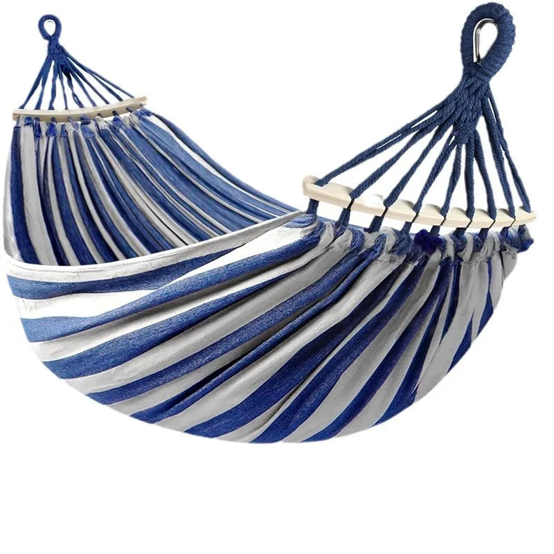 Double Hammock - Canvas - Anti-Roll Wooden Spreader Bars - 220x150cm - Carry Bag - Blue & Red