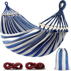 Double Hammock - Canvas - Anti-Roll Wooden Spreader Bars - 220x150cm - Carry Bag - Blue & Red
