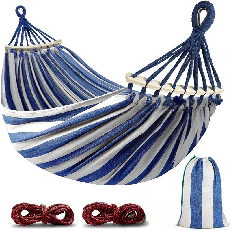 Double Hammock - Canvas - Anti-Roll Wooden Spreader Bars - 220x150cm - Carry Bag - Blue & Red
