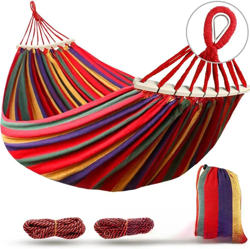 Double Hammock - Canvas - Anti-Roll Wooden Spreader Bars - 220x150cm - Carry Bag - Blue & Red