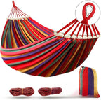 Double Hammock - Canvas - Anti-Roll Wooden Spreader Bars - 220x150cm - Carry Bag - Blue & Red