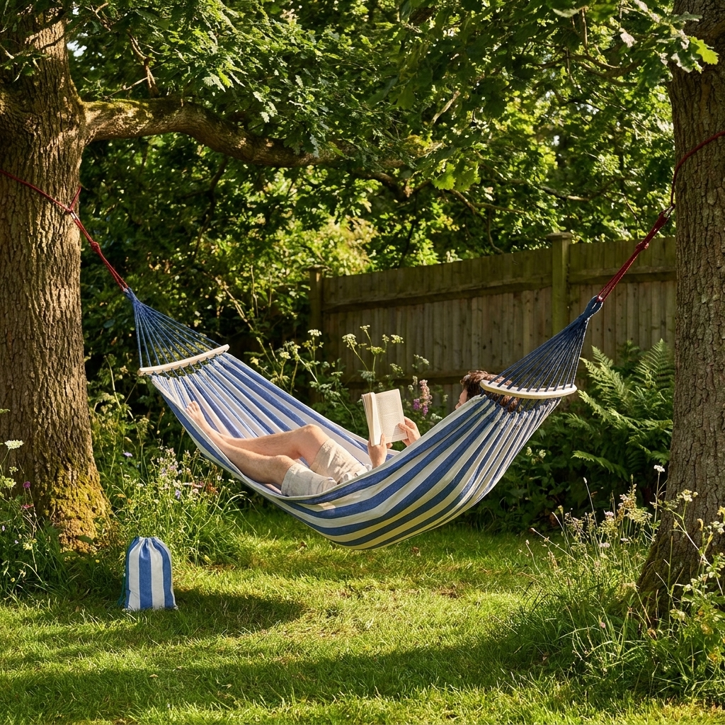 Double Hammock - Canvas - Anti-Roll Wooden Spreader Bars - 220x150cm - Carry Bag - Blue & Red