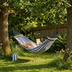 Double Hammock - Canvas - Anti-Roll Wooden Spreader Bars - 220x150cm - Carry Bag - Blue & Red